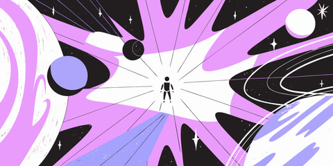 A lone figure stands within a swirling colorful vortex of space and light © Hridoy