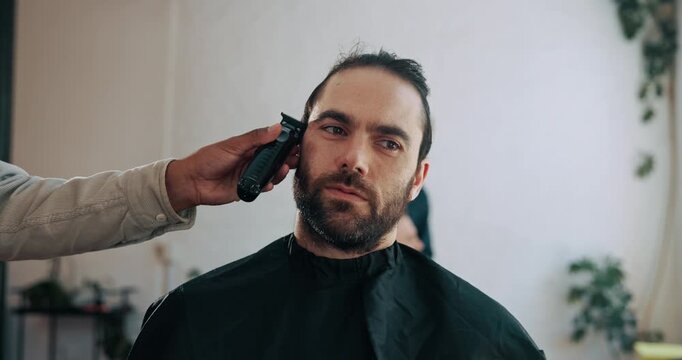 Man, clippers and trim for hair care at barbershop with grooming services, shape or equipment at small business. People, hands and razor for shaving, makeover or transformation for hairstyle at salon