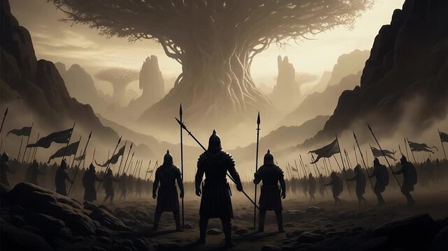 Epic fantasy battle scene three ancient warriors facing massive army beneath world tree