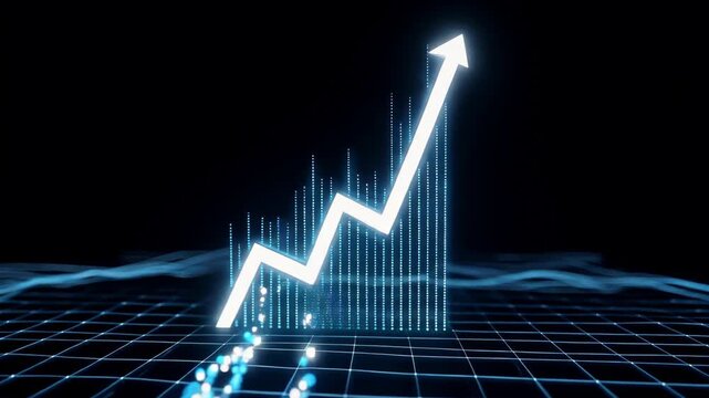 Glowing data arrow growing upwards on a digital grid representing financial success