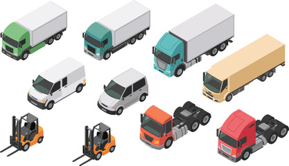 Isometric transport vehicles vector set with delivery trucks vans forklifts trailers isolated logistics freight shipping supply chain industry icons © SreeRupali