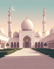 Grand White Mosque at Dawn with Crescent Moon, Islamic Architecture