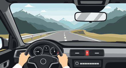 Driving scenic mountain road trip, POV from car interior, journey to adventure © Anisah