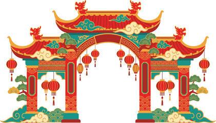 Traditional Chinese Pagoda Gate with Red Lanterns, Pine Branches, and Oriental Cloud Patterns © Ayu