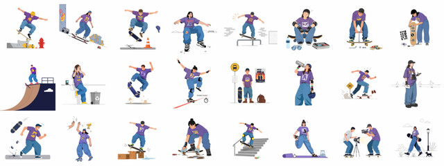 Dynamic vector set of skateboarders executing various tricks and activities related to urban street sports culture and lifestyle. © Sabiqul