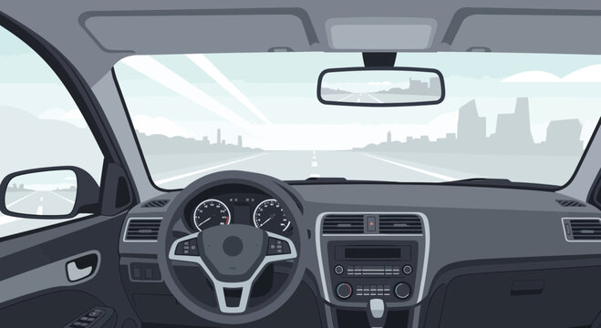 Driving View From Car Interior Dashboard Steering Wheel Highway Cityscape