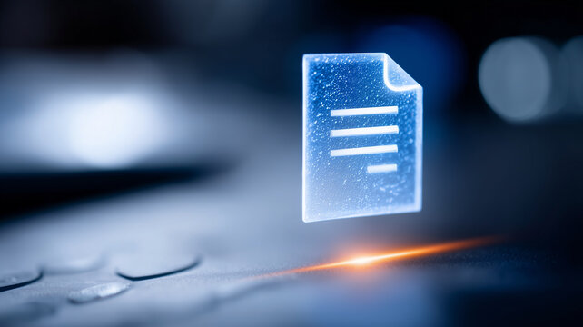 Holographic document icon above a laptop keyboard symbolizing paperless workflow and digital records.
