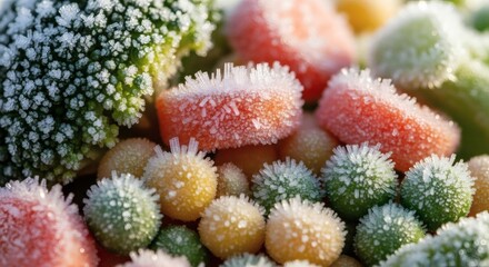 Colorful frozen mixed vegetables close-up in ice crystals for healthy diet and meal prep perfect for Frozen Food Month