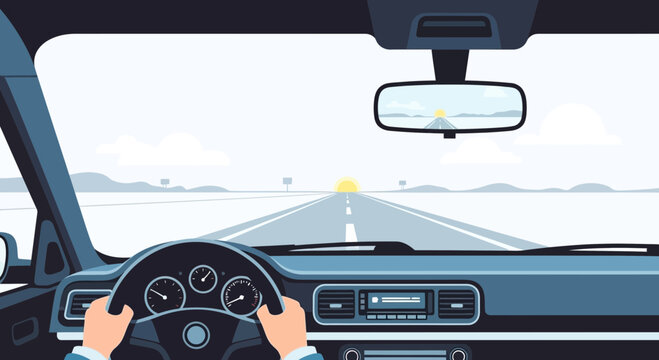 Driving on an empty highway towards the sun, first-person view, flat design illustration