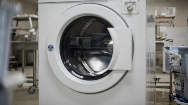 Medium shot capturing a staffonly laundry drying area with main dryer machine in sharp focus surrounded by outoffocus labeled laundry baskets.