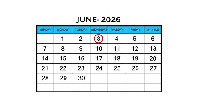 The calendar of June month 3th day is red circled, looped animation. A very important date in the calendar. Signing a day on a calendar. white background.4k 