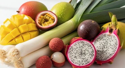 Vibrant Assortment of Exotic Tropical Fruits and Fresh Leeks, Fresh Produce Displayed Together for Healthy Eating Inspiration