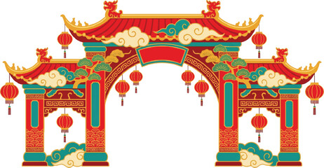 Traditional Chinese Pagoda Gate with Red Lanterns, Pine Branches, and Oriental Cloud Patterns © Ayu