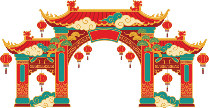 Traditional Chinese Pagoda Gate with Red Lanterns, Pine Branches, and Oriental Cloud Patterns
