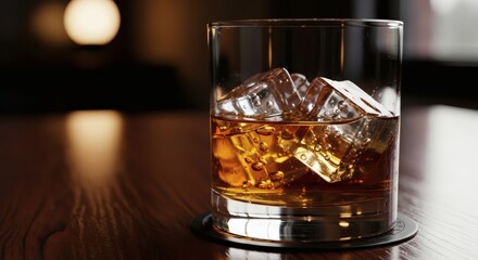 Amber Irish Whiskey in Glass with Ice Cubes on Wooden Table, Cozy Bar Atmosphere, International Irish Whiskey Day Celebration