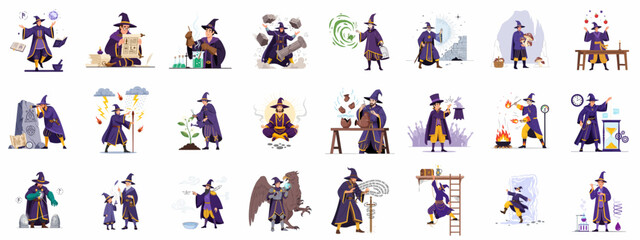 Fantasy wizard character collection performing magic, alchemy, divination, and sorcery in various poses, spells, and adventure scenarios.