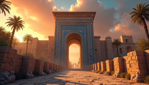 Ancient Babylonian Ishtar Gate with blue glazed bricks and stone walls. Palm trees and desert landscape at sunset. Crumbling ruins stand as historical remnants of a past civilization.