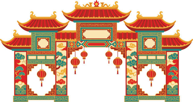 Traditional Chinese Pagoda Gate with Red Lanterns, Pine Branches, and Oriental Cloud Patterns
