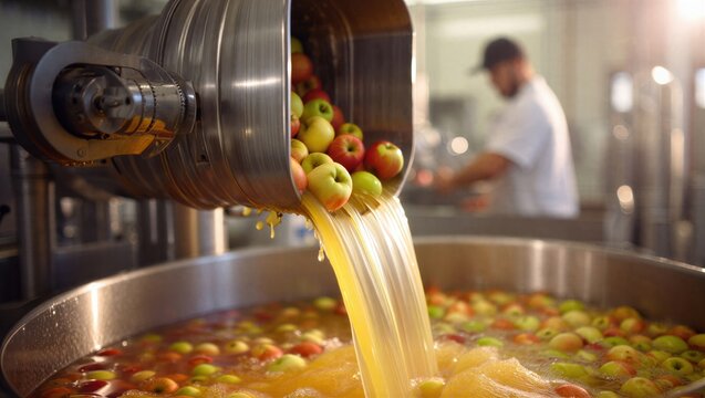 Fresh apples are being processed into juice in a large industrial machine. The scene captures the vibrant colors and the busy atmosphere of juice production.