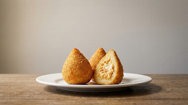 Three Brazilian coxinhas with shredded chicken and cream cheese filling served on a white plate over a wooden table.