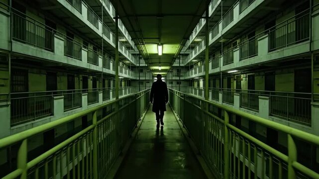 Man walking in long apartment corridor, urban dystopia, social alienation concept, surveillance theme