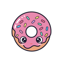 Fototapeta premium A cartoon donut with a smiling face and colorful sprinkles is illustrated on a digital canvas, viewed directly from the front.