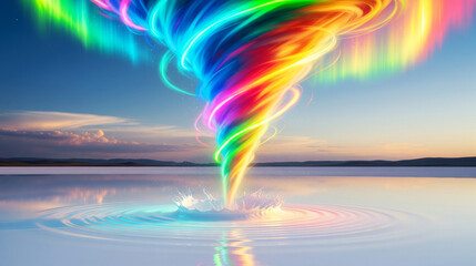 Fototapeta premium Vivid Spectral Rainbow Vortex Rises from Calm Water