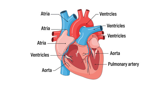 Human Heart Anatomy Diagram: Atria, Ventricles, Aorta, Pulmonary Artery