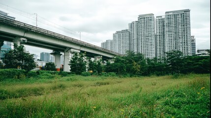 Fototapeta premium Urban landscape featuring elevated train track, apartment buildings, and a grassy field