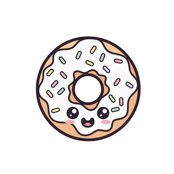 A cartoon donut with a smiling face and sprinkles on a white background viewed from the front 1q.eps reference