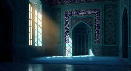Dramatic sunlight beam illuminates dark blue tiled interior featuring intricate islamic script and decorative patterns on walls of traditional prayer sanctuary