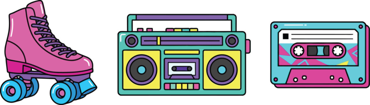Retro 90s Music Set with Roller Skate Boombox and Cassette Tape, Retro 80s Icons Set, Roller Skate, Boombox and Cassette Tape Vector Illustration