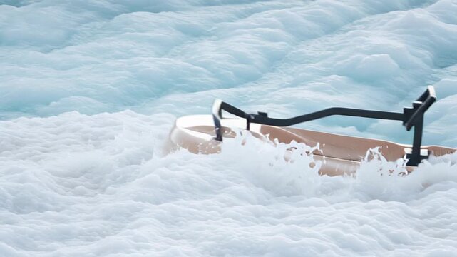 Foam-covered water splashes around a beige boat as it moves through the waves, creating dynamic ripples and frothy patterns in a serene aquatic environment