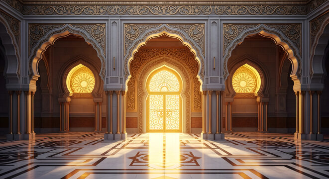 Ornate mosque interior featuring white marble pillars and golden decorative archways with intricate geometric patterns under warm bright light from central door