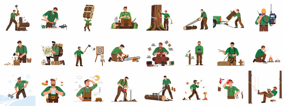Lumberjack Life Vector Set: Man Working in Forestry, Chopping Wood, Using Tools, Camping, and Enjoying Nature Activities.