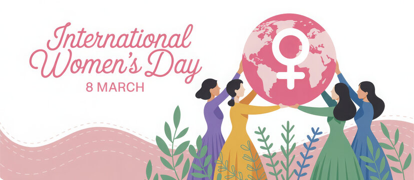 international women's day - a diverse group of women helping to lift circle globe with a female symblo  design 
