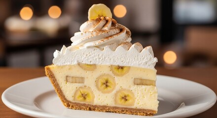 Slice of Delicious Banana Cream Pie with Whipped Cream and Cinnamon Topping, Served on a White Plate, Dessert Photography perfect for National Banana Cream Pie Day
