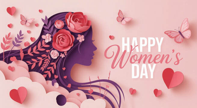 Elegant card for International Women's Day.Banner, flyer for March 8 with papercut woman face silhouette with flowers and wishing happy holiday.Congratulating placard for brochures. illustration