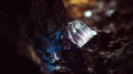 Shimmering Metallic Cubic Crystal in Geological Rock Texture. Iridescent Metallic Cube Crystal Embedded in Dark Rock.