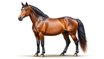Obraz premium A majestic brown equine stands, showcasing its muscular form and sleek black mane and tail, against a pure white background