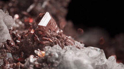 Vibrant Red Mineral Crystal Among Clear Quartz Formation. Red Crystal Cluster Surrounded by White Crystalline Formation.