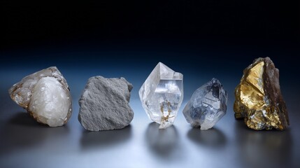 Five Raw Mineral Crystals Displayed in a Clean Studio Arrangement. Mineral Specimen Lineup on Dark Blue Studio Background