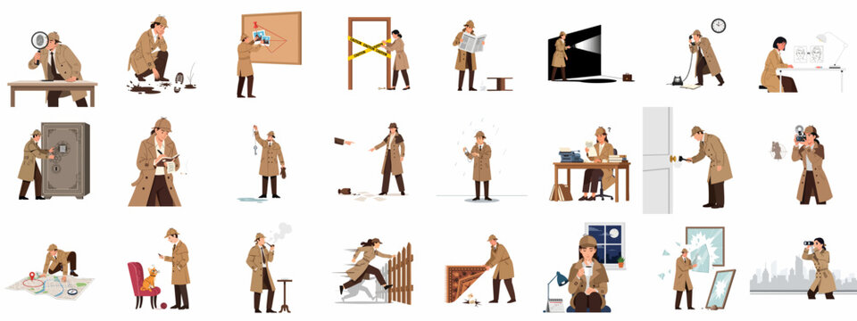 Private detective characters set: investigators solving crimes, gathering forensic evidence, analyzing clues, searching suspects, and securing the crime scene.