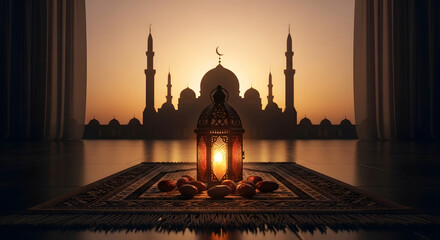 Evening view of majestic mosque silhouette from indoor balcony window featuring lit decorative lantern and dates on carpet symbolizing ramadan spirit and faith
