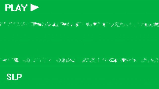 A chroma key green screen features a vintage VHS overlay with animated white tracking static, a 'PLAY' icon, and 'SLP' text to simulate a retro video recording glitch