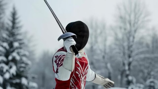 Woman fencer in protective gear holds rapier on snow, demonstrating fencing sport training outdoors during winter