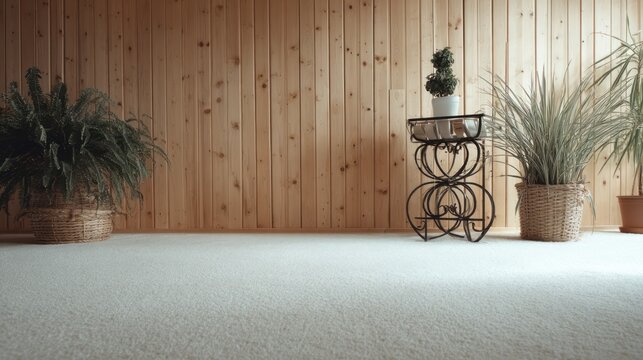 Room with plants, wood paneling, white carpet, ornate table, ferns, and decorative elements