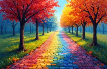 Fototapeta premium Pathway lined with trees showing autumn foliage in vibrant red, yellow colors. Paved path features rainbow of colorful bricks, leading into misty forest background with green grass, scattered