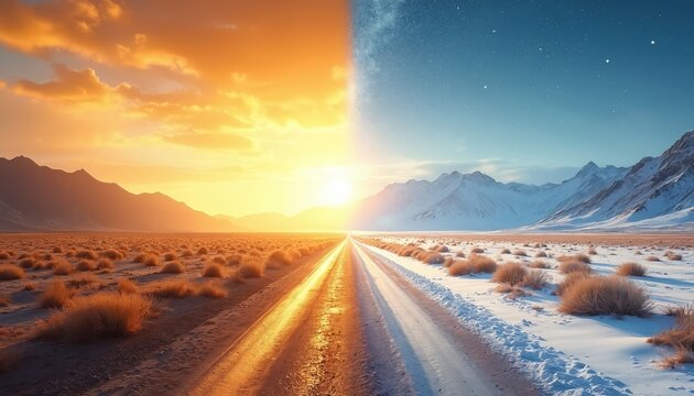 Desert road splits landscape into hot dry summer and cold snowy winter. Extreme weather change across terrain. Dramatic contrast shows seasonal extremes.
