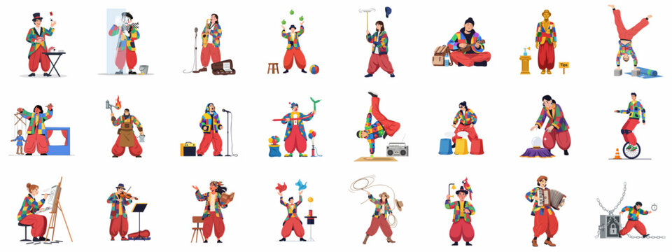 Colorful street performers and buskers showcasing diverse talents like music, magic, juggling, and acrobatics, flat vector illustration set.